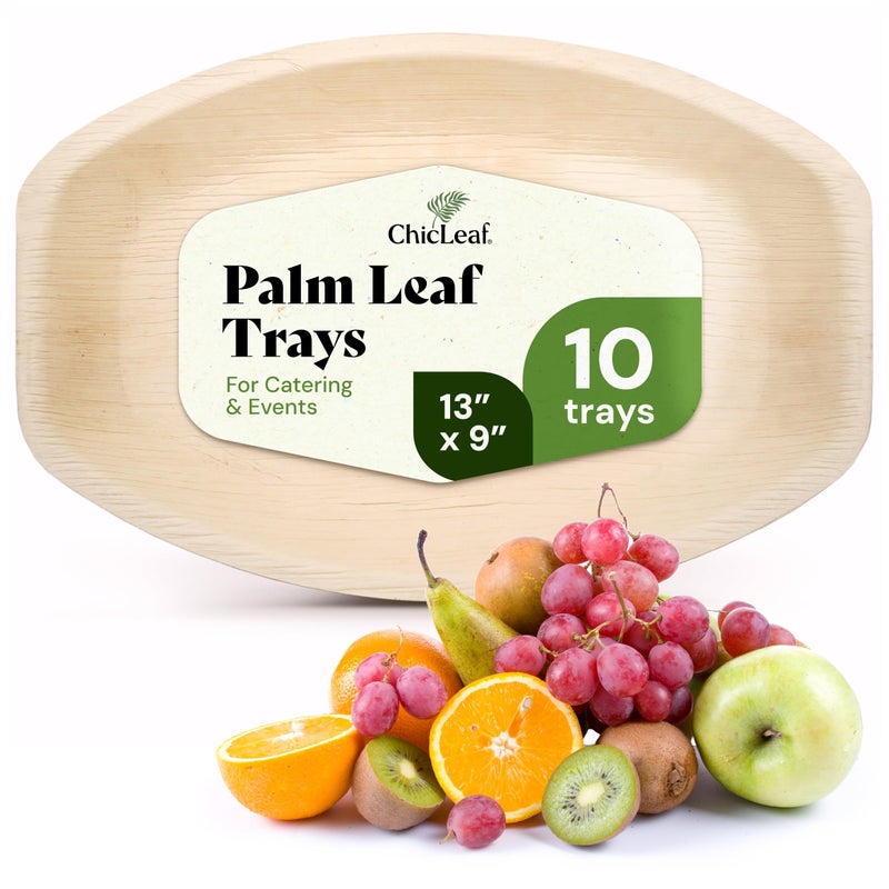 Chic Leaf صينية تقديم مستطيلة من أوراق النخيل القابلة للتحلل الطبيعي والقابلة للاستخدام لمرة واحدة بحجم 13" × 9" لمناسبات الشتاء، لوح تشاركوتيري، خدمات الطعام وحفلات الزفاف - مستلزمات الحفلات (10 قطعة) - Image 1